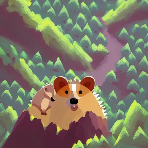 Prompt: A hedgehog on top of a mountain accompanied by a mini bear about to jump down the slope, from above you can see the entire forest full of trees and life, ilustration art by Goro Fujita