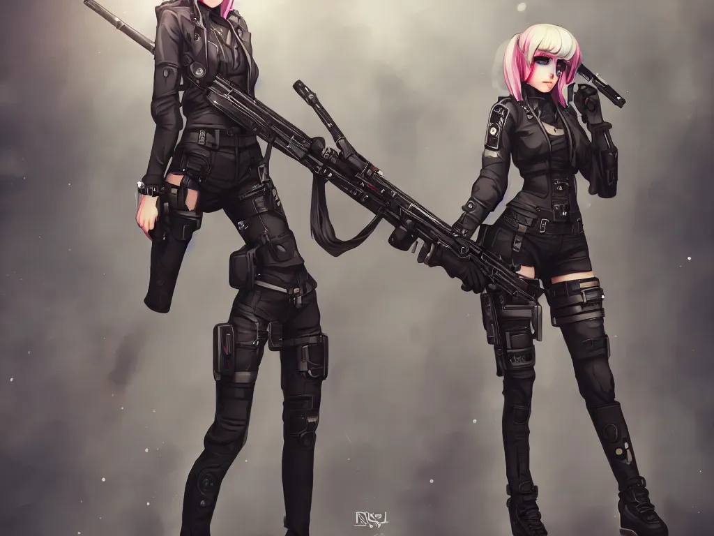 Image similar to fullbody portrait of a beautiful girl dressed in cyberpunk style, standing on street, holding a sniper rifle. by riot games, anime style, masterpiece, award - winning, trending on artstation and pixiv