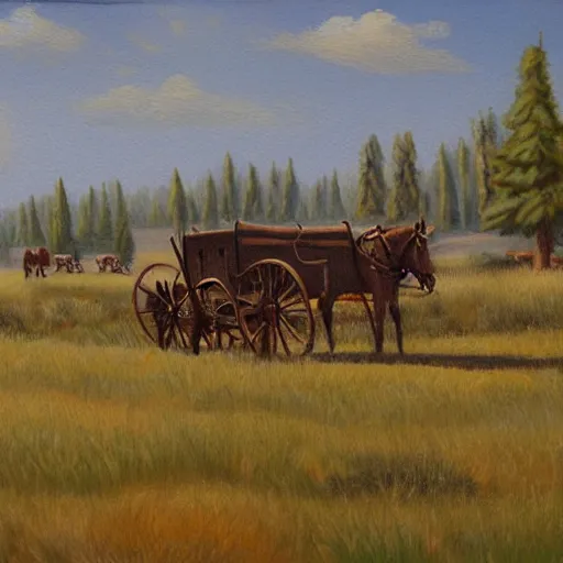 Prompt: old west oregon trail wagon train, painting, sketch