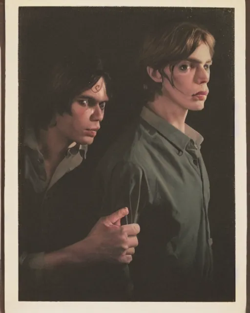 Image similar to an instant photo of two beautiful but sinister young men wearing oxford shirts in layers of fear, with haunted eyes and dark hair, 1 9 7 0 s, seventies, wallpaper, a little blood, moonlight showing injuries, delicate embellishments, painterly, offset printing technique, by brom, robert henri, walter popp