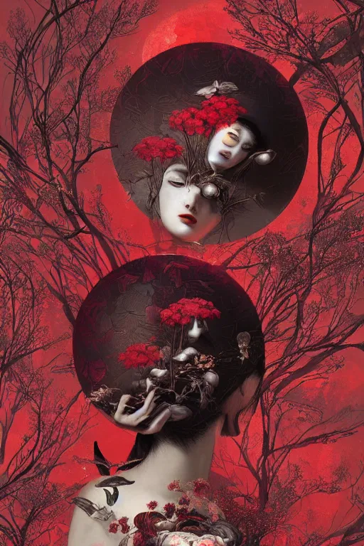 Image similar to breathtaking detailed red gardian mao baby in glace sphere free thibet concept art painting art deco pattern of birds goddesses amalmation flowers, by hsiao ron cheng, tetsuya ichida, bizarre compositions, exquisite detail, extremely moody lighting, 8 k