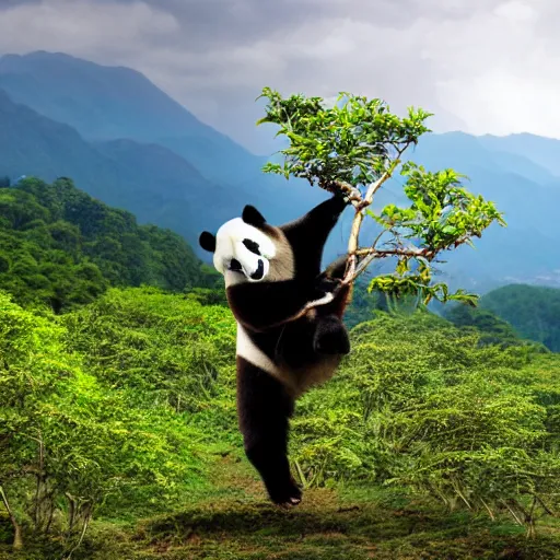 Prompt: panda practicing kung-fu on top of an apple tree, wide view of the valley, bamboos in the background, studio Ghibli style