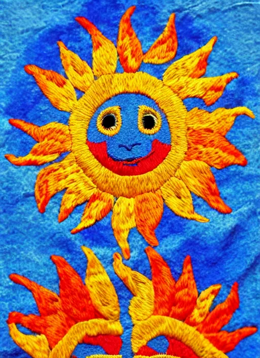 Prompt: embroidered sun headed character, vibrant, colorful