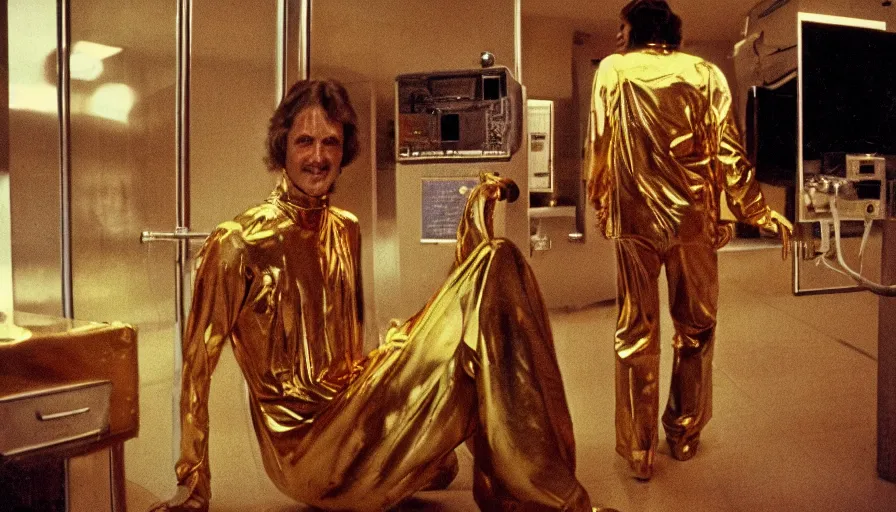 Image similar to 7 0 s movie still of a man made of pure gold the hospital, cinestill 8 0 0 t 3 5 mm eastmancolor, heavy grain, high quality, high detail