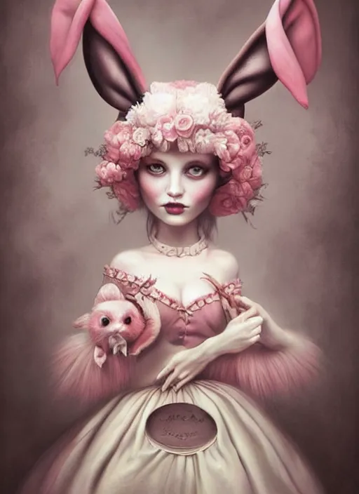 Prompt: pop surrealism, lowbrow art, realistic cute alice girl painting, holding bunny, hyper realism, muted colours, rococo, natalie shau, loreta lux, tom bagshaw, mark ryden, trevor brown style,