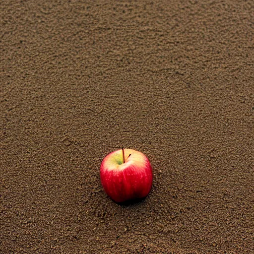 Prompt: A plastic apple in a exposure room exploding into thousands of grey sand pieces flying in all directions, the grey sand pieces leave a gray sand trail, 40nm lens, shallow depth of field, split lighting, 4k,