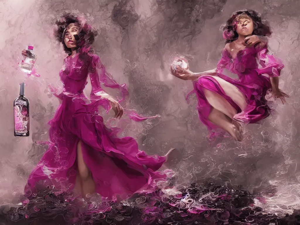 Prompt: a beautiful years old chatain hair woman in a magenta long dress with silver rings and pink nails levitating a bottle'the main ingredient company'filled with ivory white liquid and a black sticker. fantasy, intricate, elegant, highly detailed, digital painting, artstation, concept art, matte, illustration, artger, greg rutkowski, epic fantasy