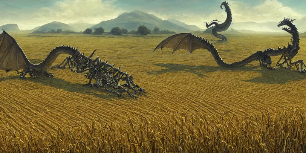 Image similar to Fantastical open landscape by Ted Nasmith, giant dragon skeleton, town, wheat fields, digital painting, concept art, landscape