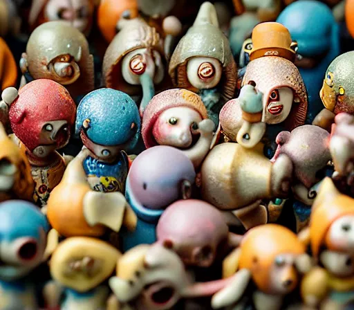 Prompt: miniature figurines of heironymus bosch monsters, close up, detail, tilt shift, product photography