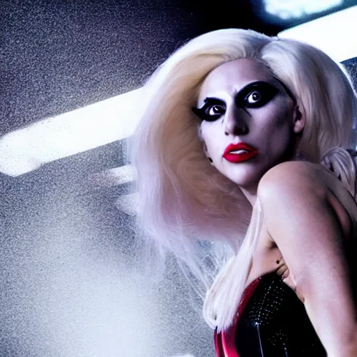 Image similar to Lady Gaga as real-life Harley Quinn, cinematic, Low angle, atmospheric fog and lighting, directed by Michael Bay, movie still, photography