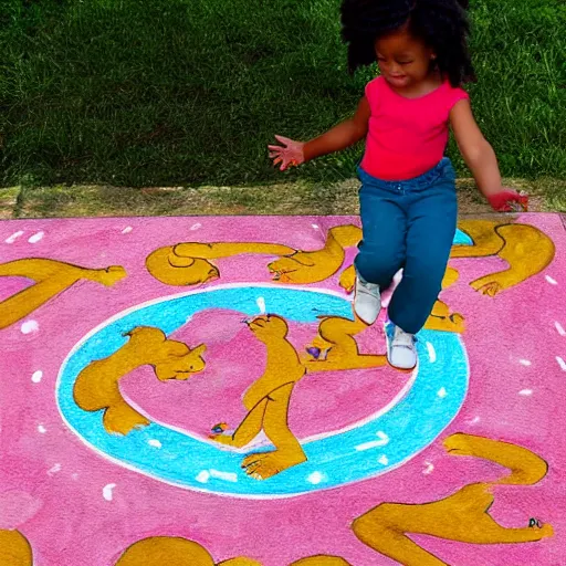 Prompt: pepper ann pearson playing hopscotch, illustration, illusion, in the style of lilia alvarado