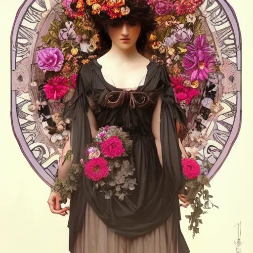 Image similar to goth girl wearing dress made out of various types of flowers, intricate, art by artgerm and greg rutkowski and alphonse mucha and william - adolphe bouguereau, high detailed, 4 k,