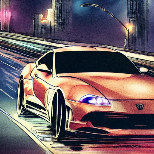 Image similar to a beautiful comic book artwork of a supra on a highway at night, by Jerome Opeña, featured on artstation