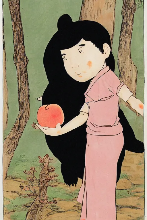 Prompt: a girl gives a peach to a really anthropomorphic black bear, in the style of foujita tsuguharu