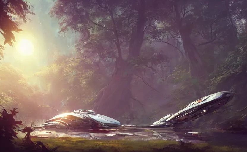 Image similar to a futuristic spaceship crash-landed in a forest, atmospheric lighting, crash, overgrowth. By Makoto Shinkai, Stanley Artgerm Lau, WLOP, Rossdraws, James Jean, Andrei Riabovitchev, Marc Simonetti, krenz cushart, Sakimichan, trending on ArtStation, digital art.