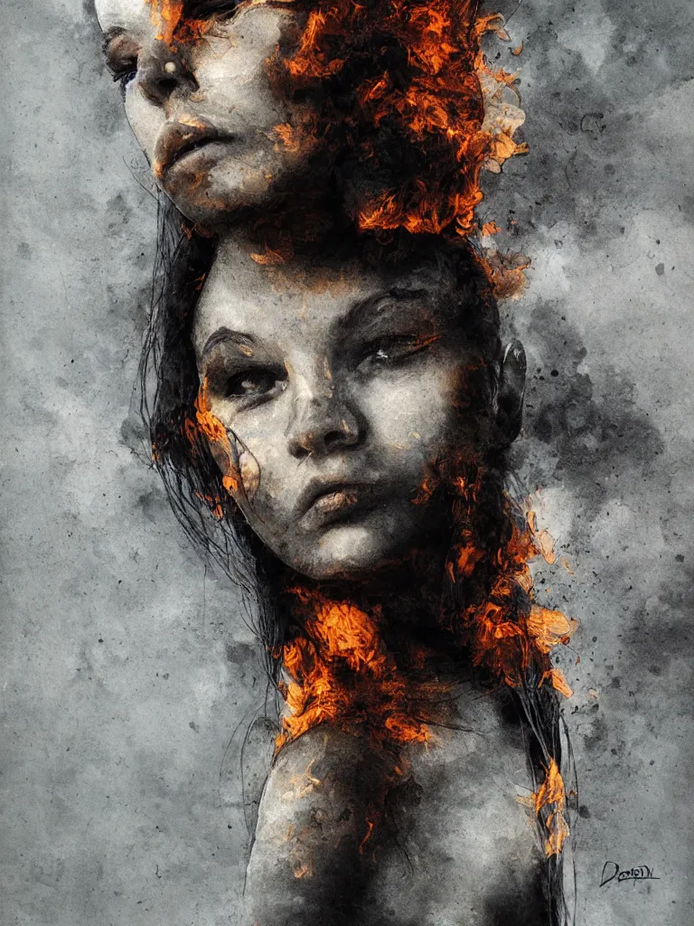 Image similar to a portrait of a beautiful young woman made of smoke and ember, high contrast, hdr, by enki bilal and daarken