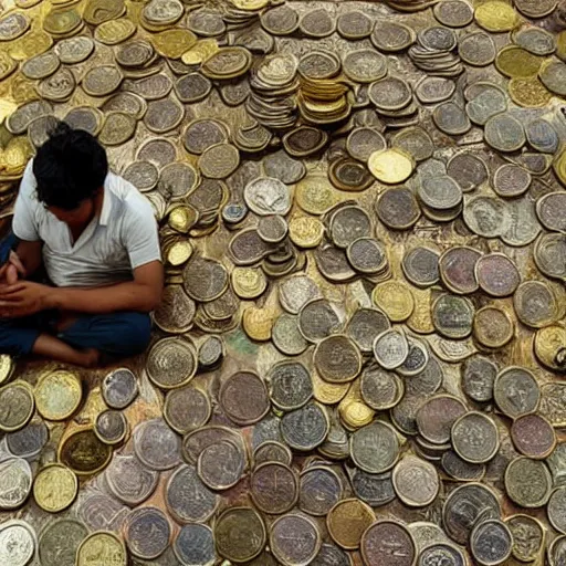 Image similar to photograph of a corrupted Bangladeshi Police officer sitting on a huge pile of cash, gold and coins