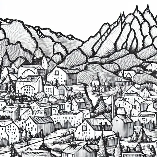 Prompt: mcbess illustration of a quaint village in the mountains