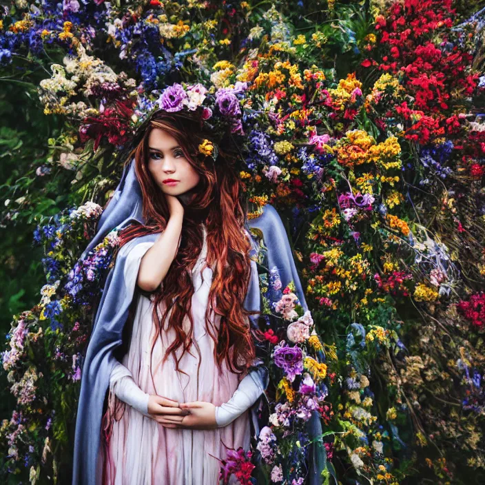 Prompt: a banshee wearing a cloak made of flowers, by Omar Z. Robles, CANON Eos C300, ƒ1.8, 35mm, 8K, medium-format print