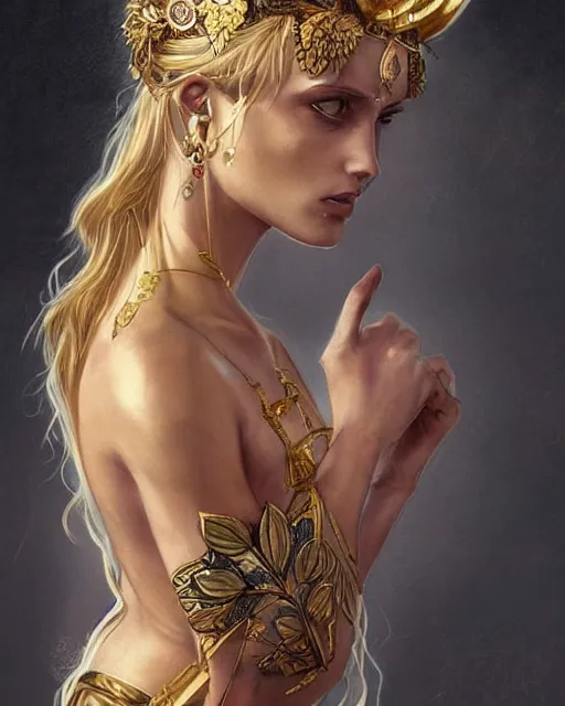 Image similar to tattoo design sketch of hot blonde super model as aphrodite greek goddess wearing a gold laurel wreath and triangle earrings, beautiful piercing gaze with sharp pupils, in the style of greg rutkowski, fantasy, amazing detail, epic, elegant, smooth, sharp focus, front view