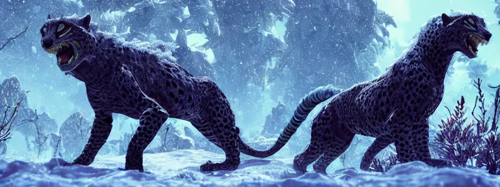 Image similar to large black sabretooth cheetah with shiny blue fish scales skin and silver lightning tail, walking in a dense alien snow covered frosty jungle, with snow covered colourful red, blue and purple plants, large vines, snow covered arched organic rock structures, in the style of monster hunter world, like concept art on artstation, hyperdetailed, vray render, octane render,