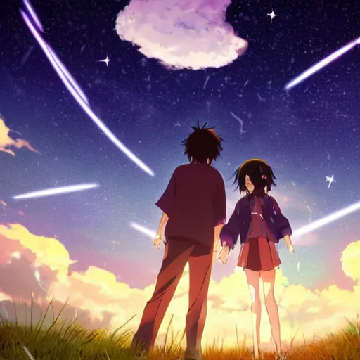 Image similar to a dark night sky with stars, in the style of the anime movie your name, 4 k,