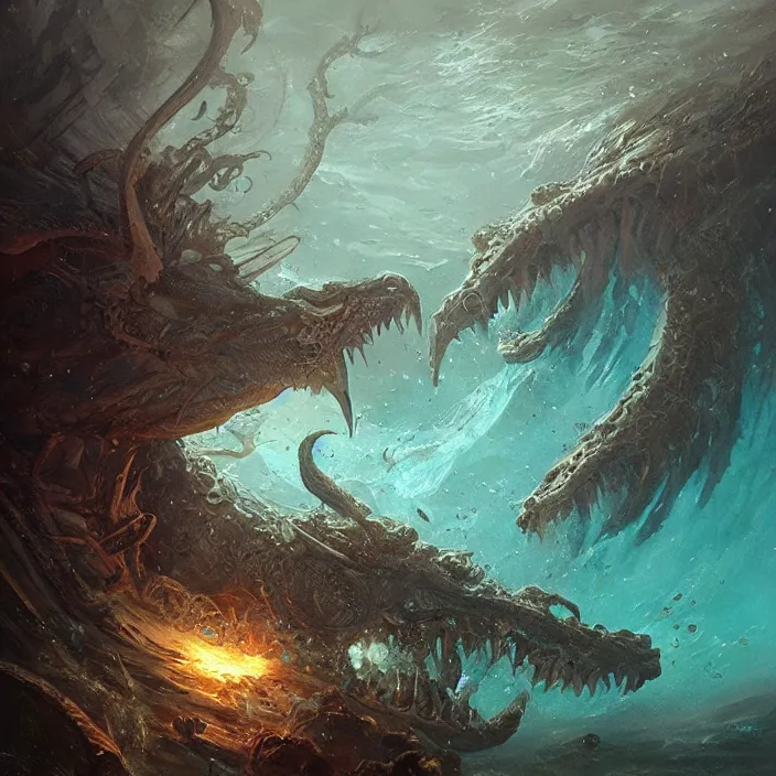 Image similar to sea monster under the ocean d & d, d & d style, trending on artstation, intricate, highly detailed, vivid painting, colorful, art by greg rutkowski