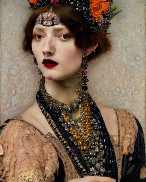 Image similar to a close up of beautiful girl with black lipstick wearing a intricate necklace surrounded by colourful intricate patterns, by edgar maxence and caravaggio and michael whelan, intricate painting, hyper realistic, extremely detailed and beautiful aesthetic face, 8 k resolution