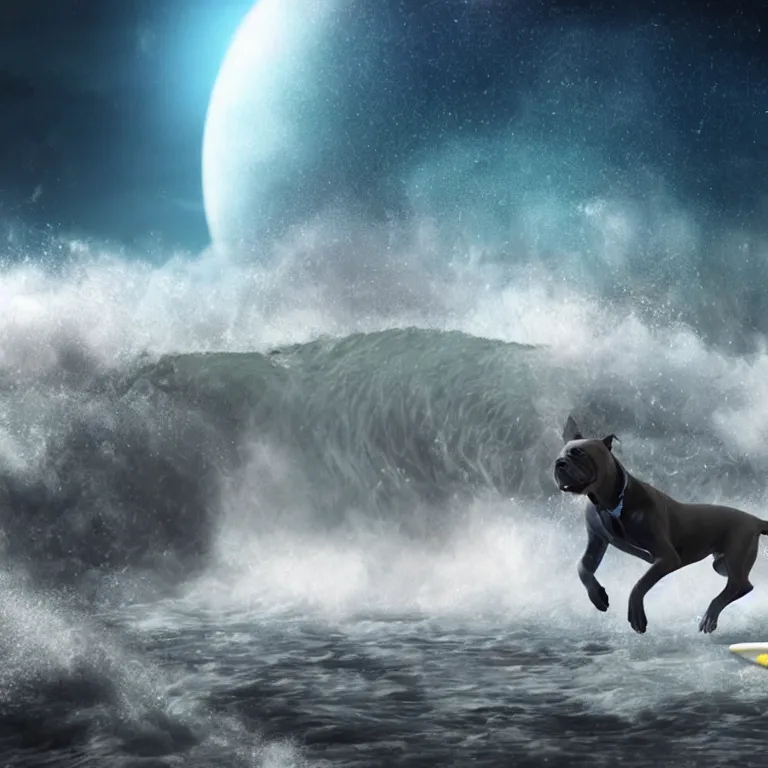 Image similar to photo of a skinny dark gray coat pit bull with a white paws and a white nose!, surfing on a surfboard in a crashing wave of alien galaxy, trending on art station, ocean in space, background is an alien galaxy, aliens in the background, alien colors, octane render, unreal engine, wide view, 8 k, highly detailed