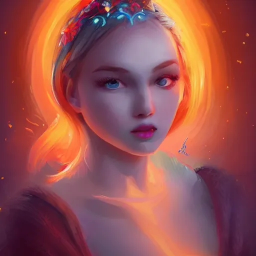 Prompt: A Character Card portrait of a beautiful young female face by Julia Razumova. She has perfect white skin like silk. She has blonde hair and stunning blue eyes. She has pretty lips and she wears a dark hood over her hair. blue crystal shards illuminated by orange fireflies as background. trending on artstation