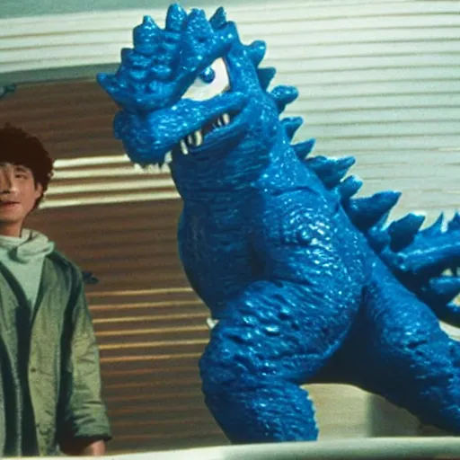 Image similar to a film still of bluey as godzilla