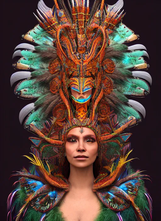Prompt: 3 d mexican goddess medium shot portrait. beautiful intricate highly detailed quetzalcoatl helm and feathers. low - key lighting, bioluminescent, plasma, lava, ice, water, wind, stingray, magpie, creature, artwork by tooth wu and wlop and and annie leibovitz, 8 k trending on artstation,