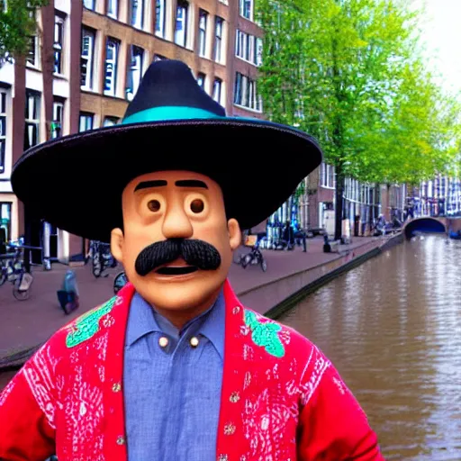 Image similar to mexican man wearing a sombrero looking confused in amsterdam, pixar