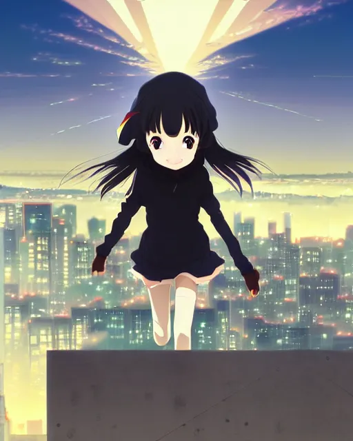 Image similar to anime visual, portrait of a young black haired girl wearing hoodie sightseeing above the city, guardrail, cute face by yoh yoshinari, katsura masakazu, dramatic lighting, dynamic pose, dynamic perspective, strong silhouette, ilya kuvshinov, anime cels, rounded eyes, moody