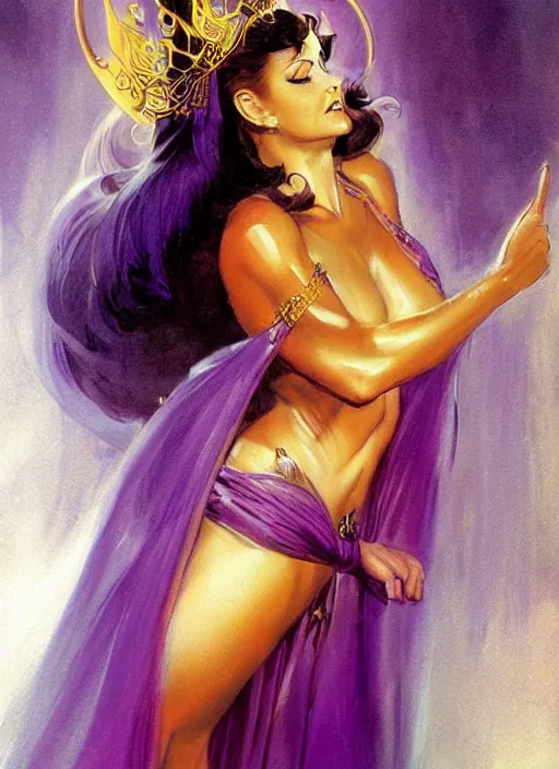 Prompt: portrait of plump female sorceress, golden tiara, purple robe and veil, lightning halo, strong line, muted color, beautiful! coherent! by frank frazetta, by boris vallejo