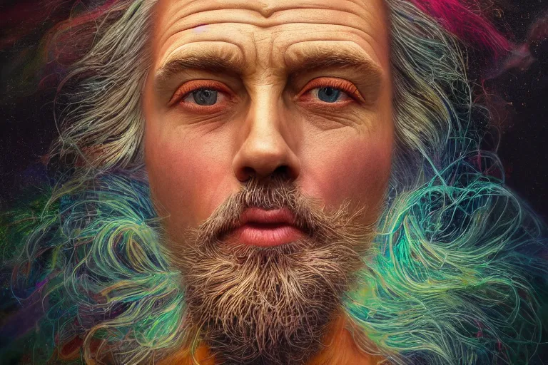 Image similar to surreal Portrait of The God who made the world and everything in it who is the Lord of heaven and earth and does not live in temples built by hands in dmt chromatic surreal liquid enviroment , elegant, highly detailed, smooth, photoreal, sharp focus, illustration, beautiful, geometric, dmt trending on artstation, cinematic, artwork by WLOP