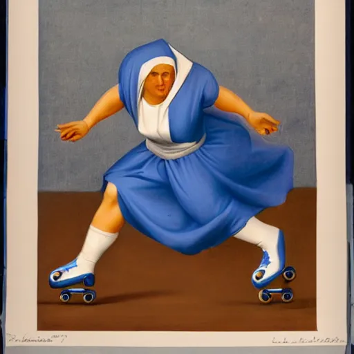 Image similar to blonde nun in blue clothes on roller skates, body shot, in the style of michaelangelo