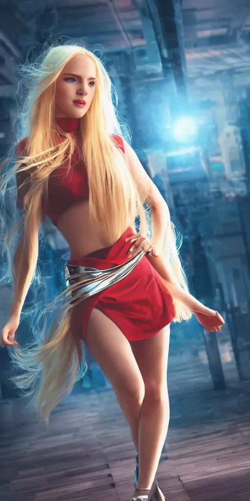 Prompt: a long blonde haired young woman superhero is walking toward the camera, bare legs, open toed high heels, symetrical face, cinematic lighting, colorful costume, solid white eyes, 8 k, cyberpunk background, sunrise,