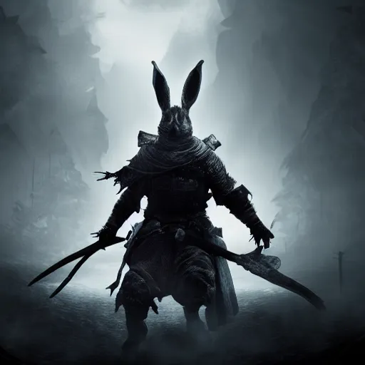 Image similar to rabbit as a dark souls boss, scary, dramatic lighting, dark, 8 k