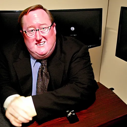 Prompt: 2 0 0 7 john lasseter wearing a black suit and black necktie sitting at his computer desk in his office. his eyes are wet with tears, emotional, looks sad and solemn, face screwed with grief