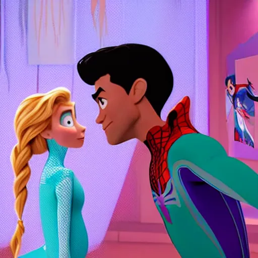 Image similar to spiderman and pregnant princess elsa talking in the livingroom, into the spiderverse cinematic render, ( 2 0 1 8 ) sony animation official media, clear details, award winning, blue gown, third trimester