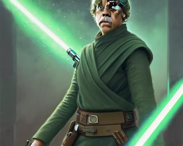 Prompt: photography of luke skywalker, deep focus, science fiction, star wars, green mist, intricate, elegant, highly detailed, digital painting, artstation, concept art, matte, sharp focus, illustration, art by artgerm and greg rutkowski and alphonse mucha