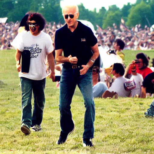 Prompt: joe biden at woodstock 1999, insane clown posse concert, vhs camcorder footage