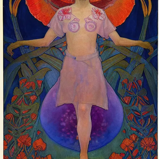 Image similar to the flower prince, by Annie Swynnerton and Nicholas Roerich , embroidered robes, floral tattoos, bioluminescent, elaborate costume, geometric ornament, symbolist, soft colors, dramatic lighting, smooth, sharp focus, extremely detailed