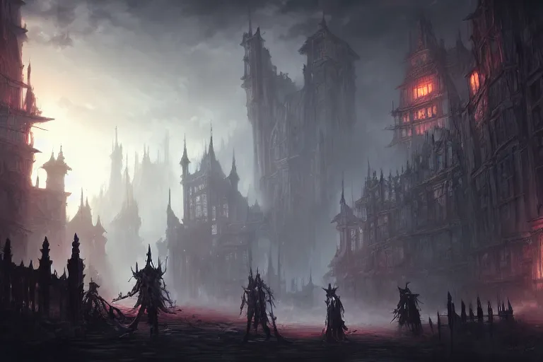 Image similar to collaborative environment concept art by Tyler Edlin, Andy Park, Feng Zhu, James Paick, Ryan Church, in the style of Bloodborne