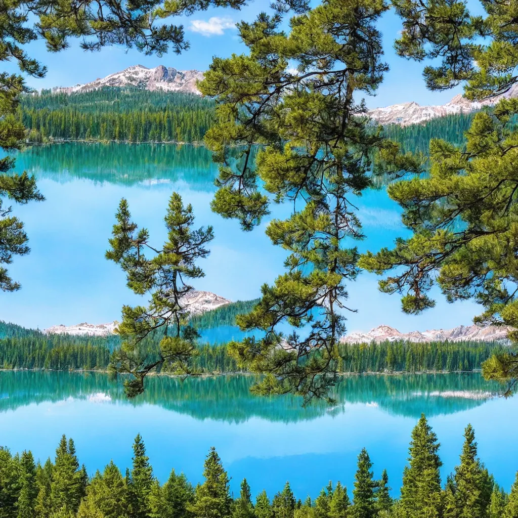 Image similar to a lake surrounded by pine trees with mountains in the background in the style of Bob Ross