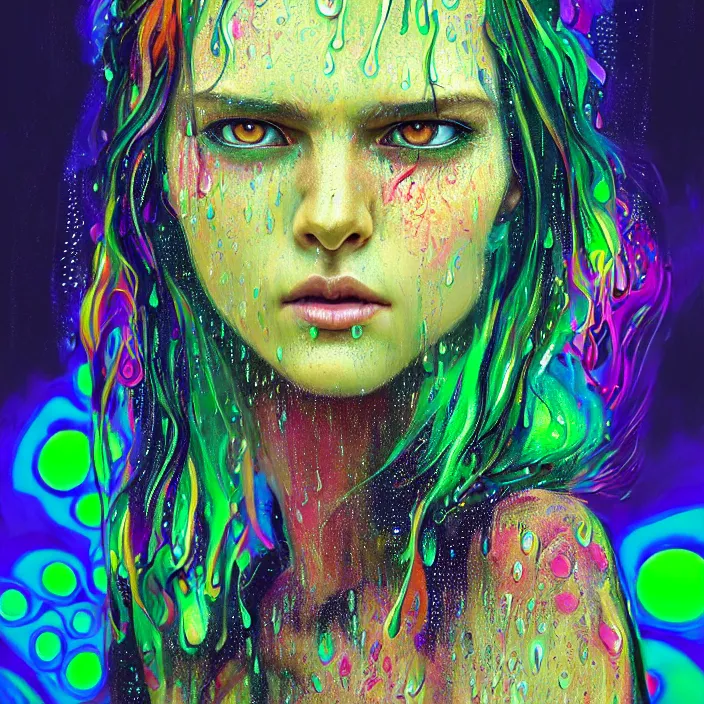 Image similar to bright psychedelic portrait with rain on face and wet hair, wings, smiling, diffuse lighting, fantasy, intricate, elegant, highly detailed, lifelike, photorealistic, digital painting, artstation, illustration, concept art, smooth, sharp focus, art by John Collier and Albert Aublet and Krenz Cushart and Artem Demura and Alphonse Mucha