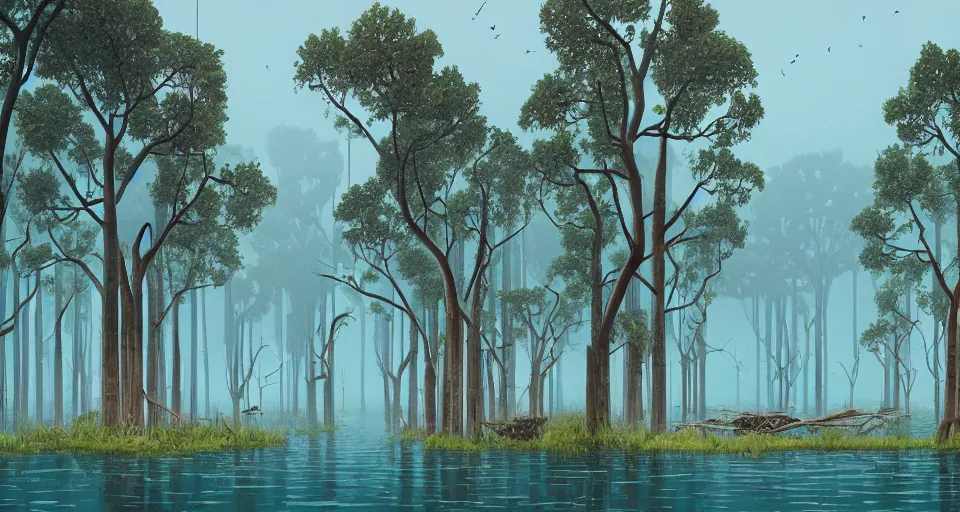 Image similar to A fantastic mangrove, by simon stalenhag