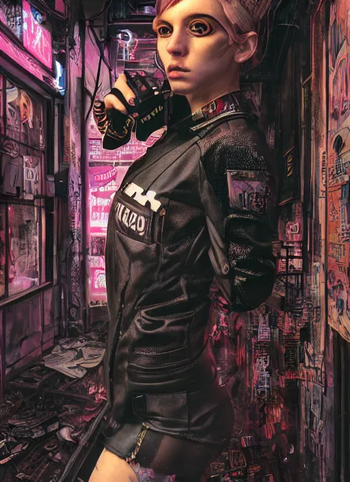 Image similar to portrait photo, 3 5 mm lomography, female doorwoman, gang clothing fashion, id magazine, hyperrealism, detailed textures, photorealistic, cyberpunk apocalyptic city, ultra realistic, cinematic, intricate, cinematic light, 8 k, david la chapelle, david kostic, artgerm