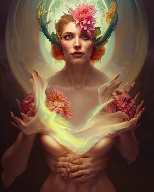 Image similar to liquid magma priestess face, flowers and gemstones, artgerm, peter mohrbacher, jesper ejsing, photorealism, highly detailed portrait, volumetric lighting, halo of light, gilding, alphonse mucha